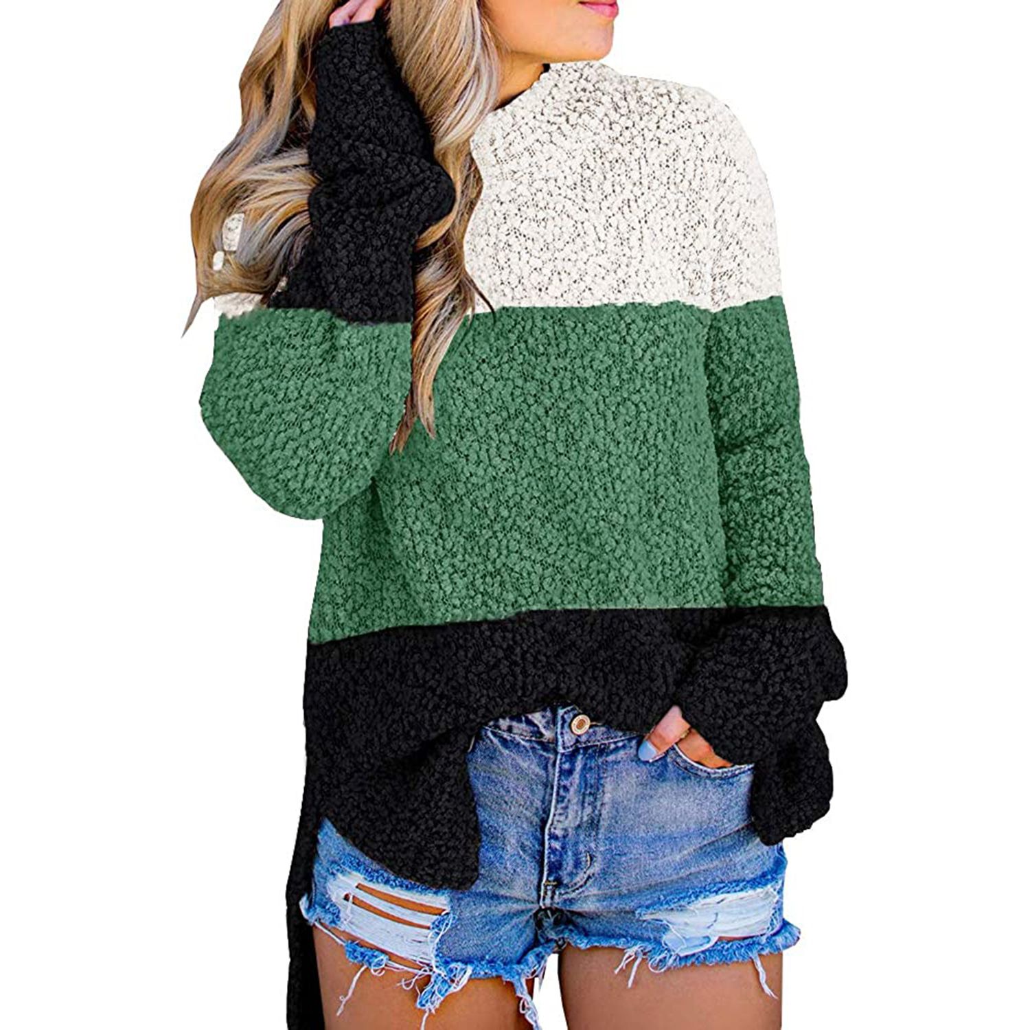 Imily Bela Wuzzy Knitted Sweater Sherpa Fleece باللون الأبيض والأخضر والأسود
