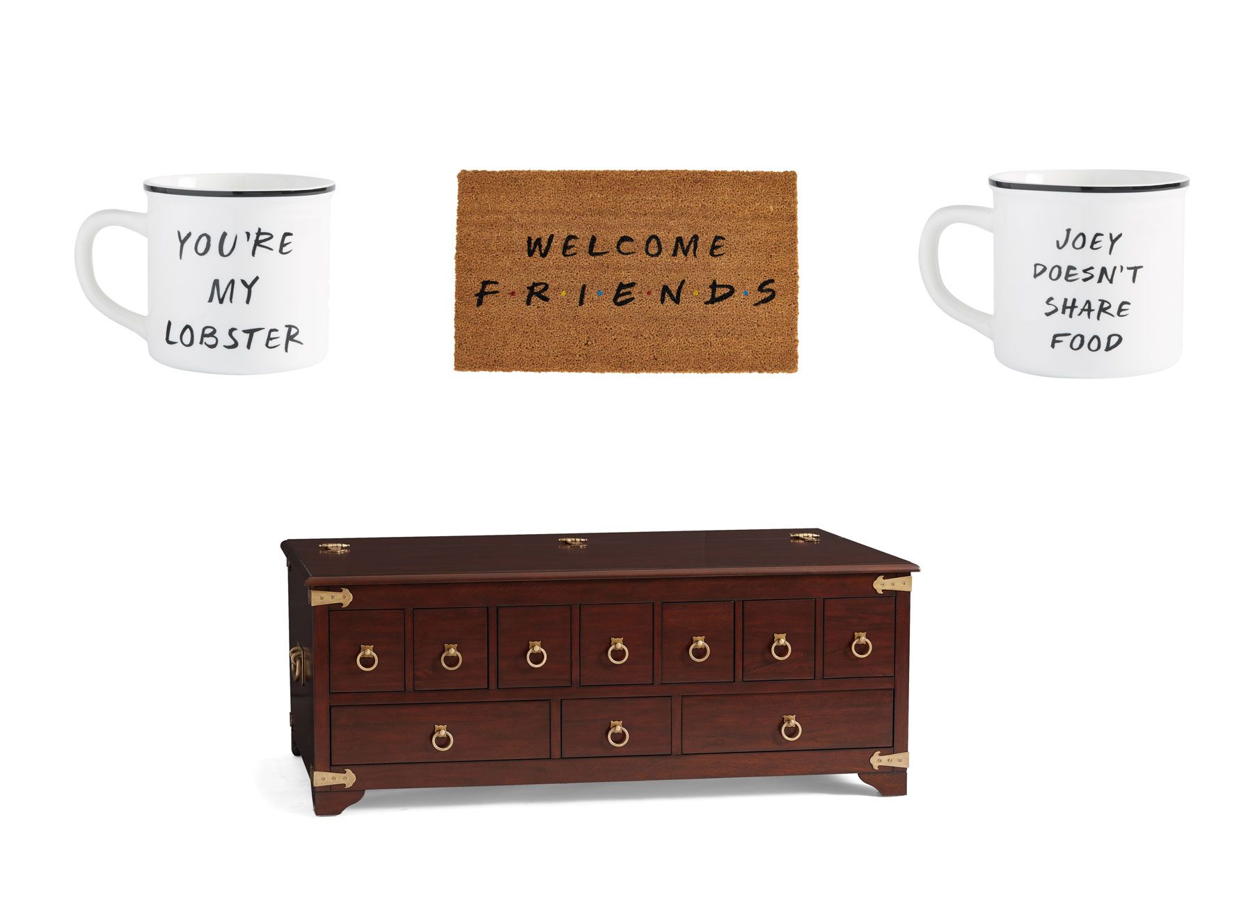 „Pottery Barn“ vaistininkų stalas iš draugų - kolekcija su durų kilimėliu ir puodeliais