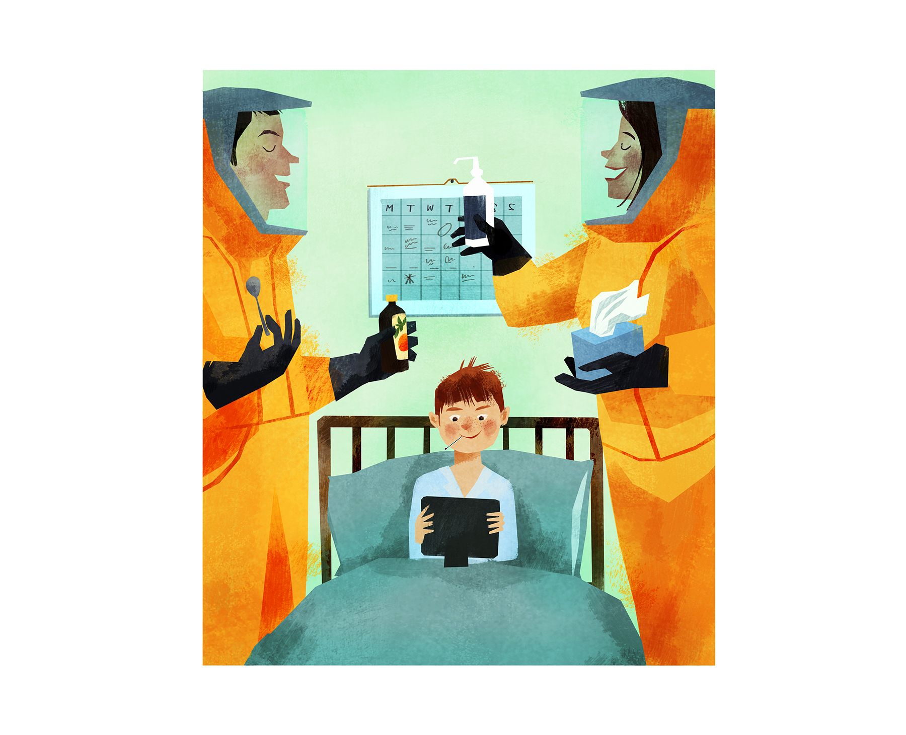 Ilustracija: Bolni otrok v postelji z iPadom, starši v hazmatičnih oblekah skrbijo zanj