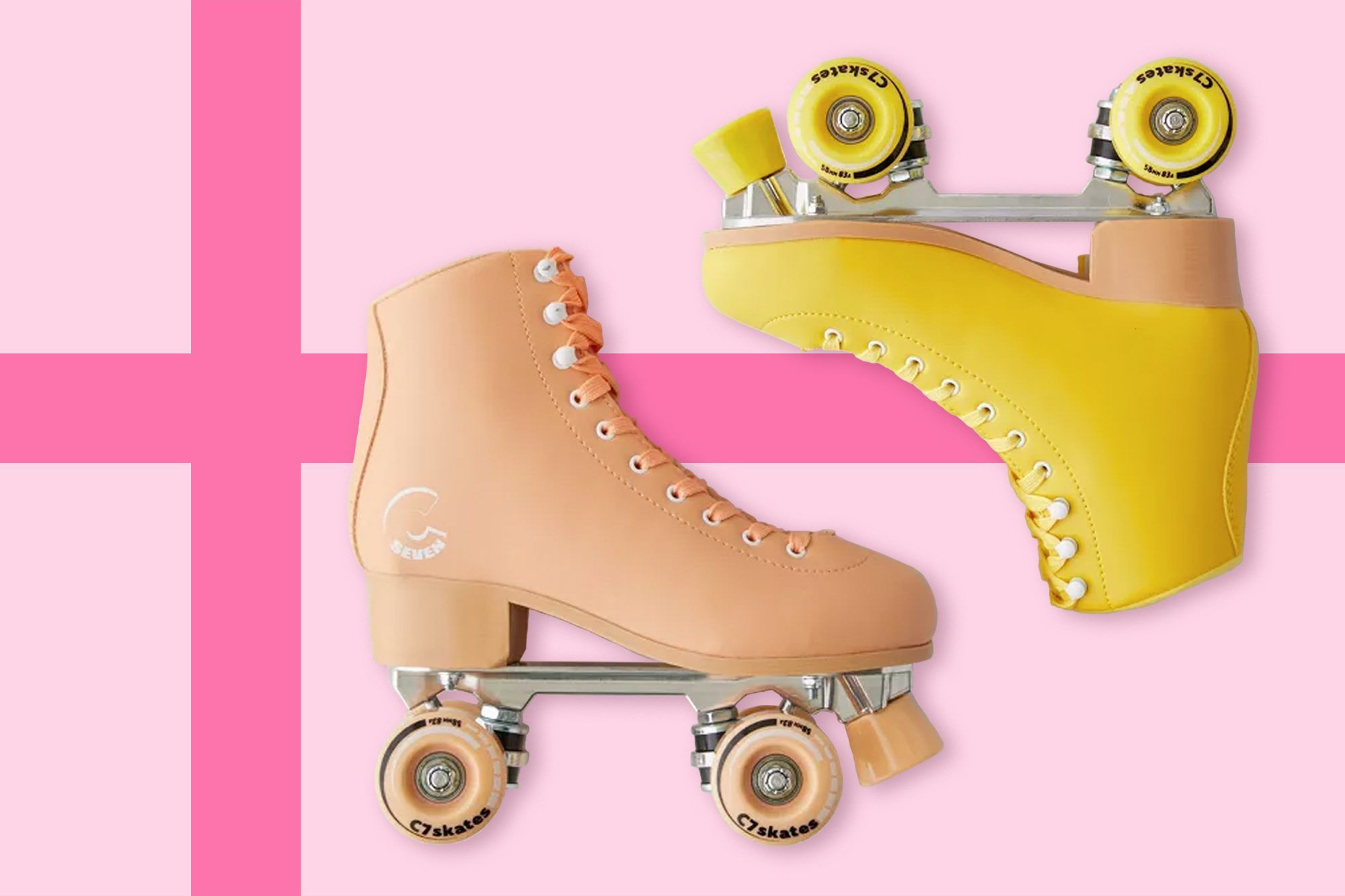 gele en roze rolschaatsen