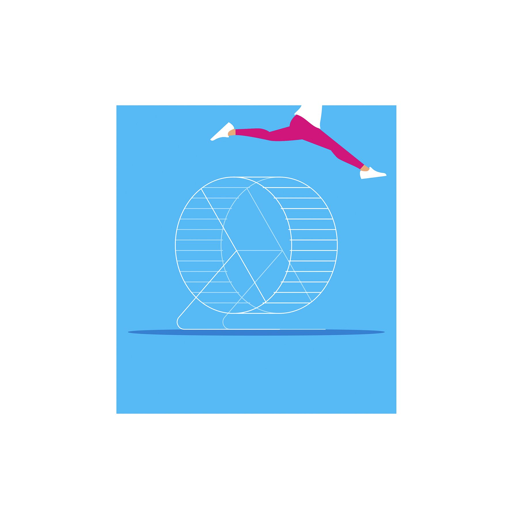 رسم توضيحي: امرأة تقفز فوق عجلة الهامستر