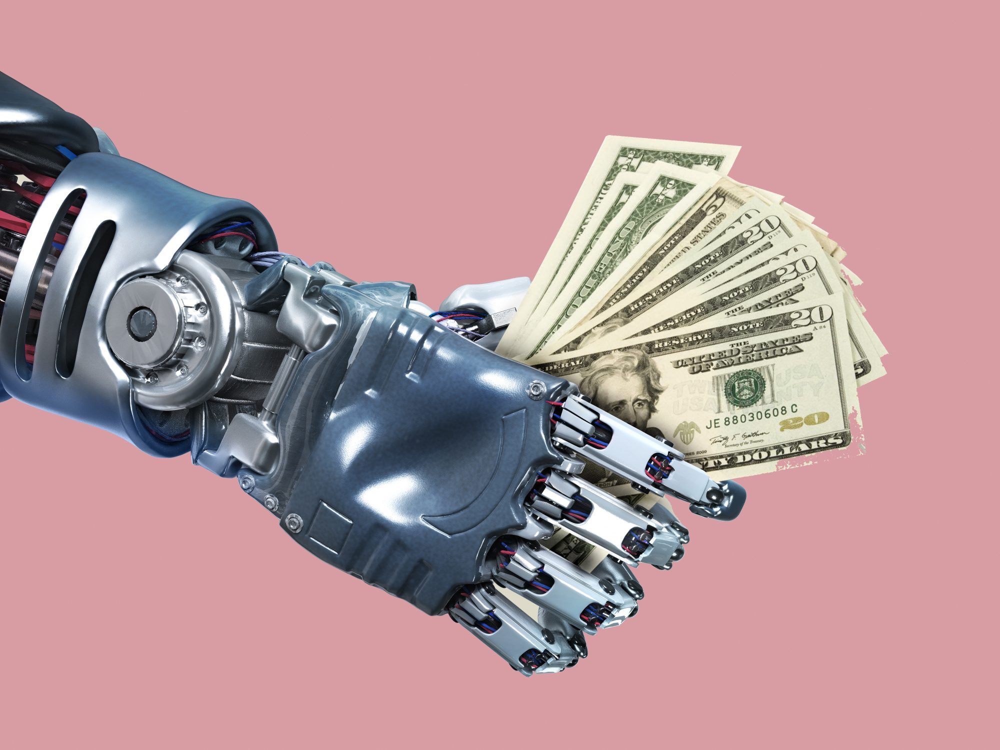 робо-съветник: ръка на робот и пари в брой