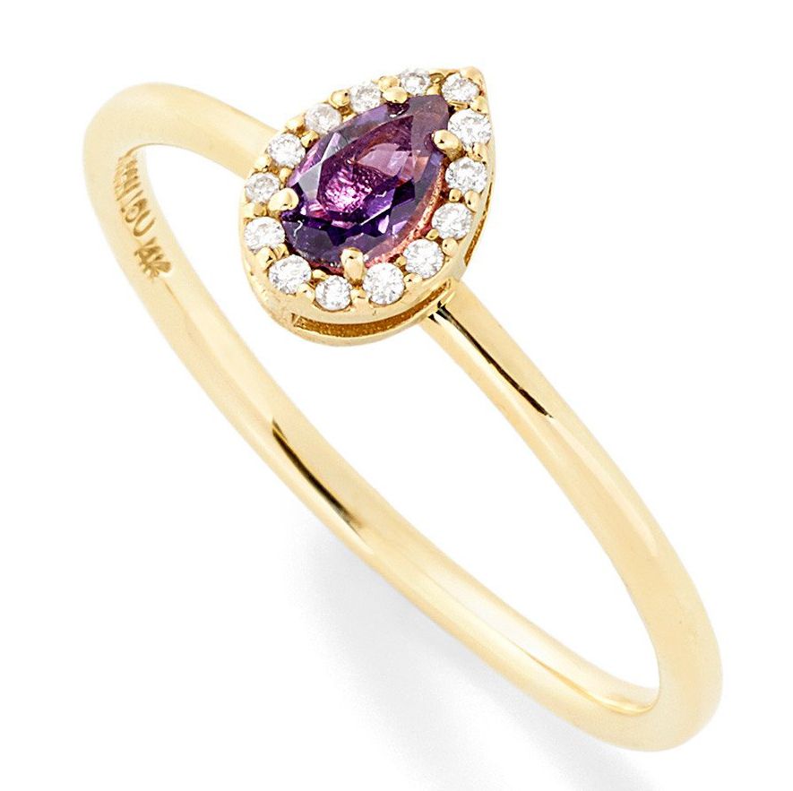 Минималистички веренички прстенови: Алисон Лоу аметист и прстен у облику дијамантске крушке