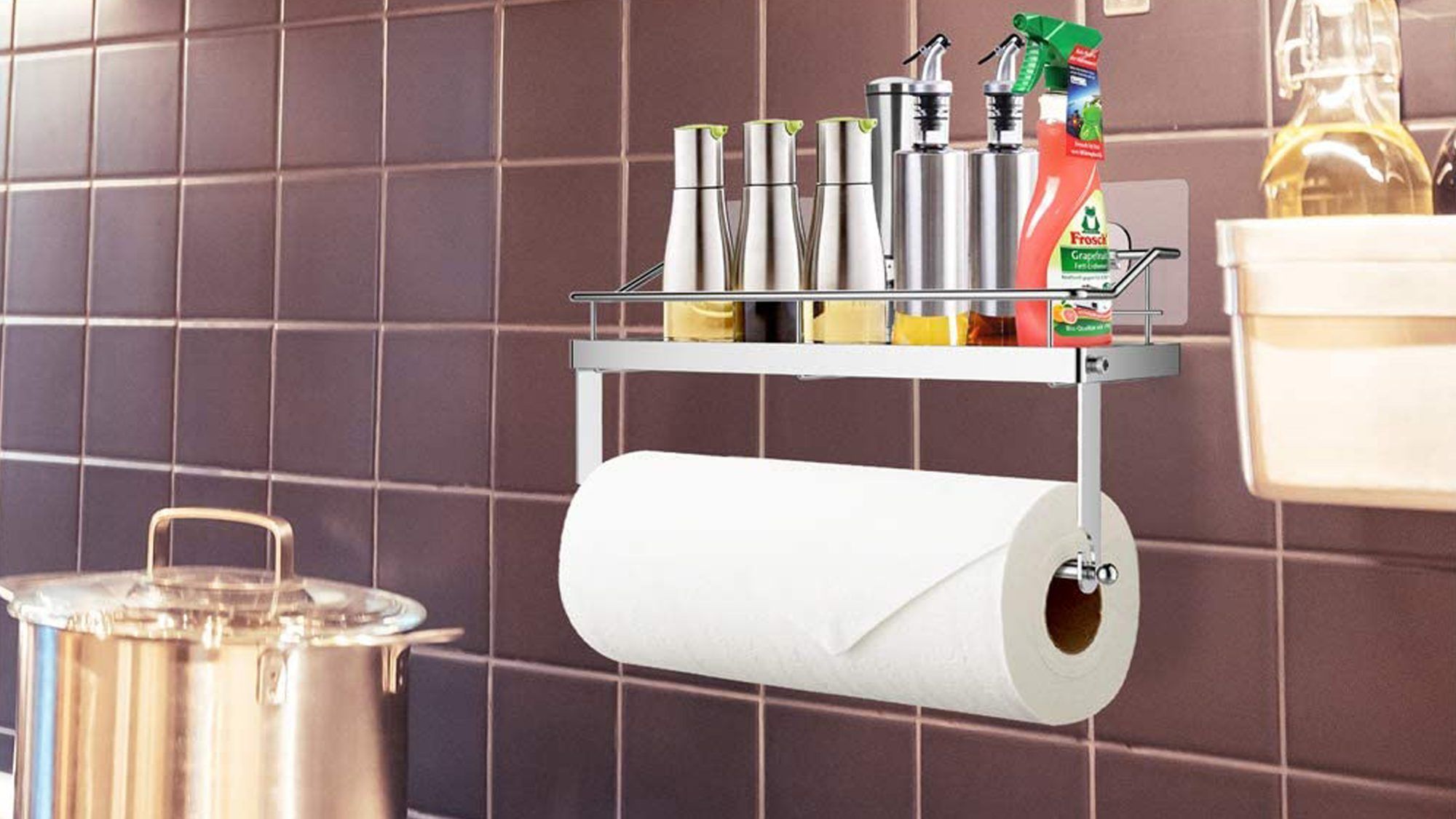 ODesign-paperipyyhepidike hyllyllä liimautuva seinäteline 2-in-1 keittiön suihku-kylpyhuoneen järjestäjälle