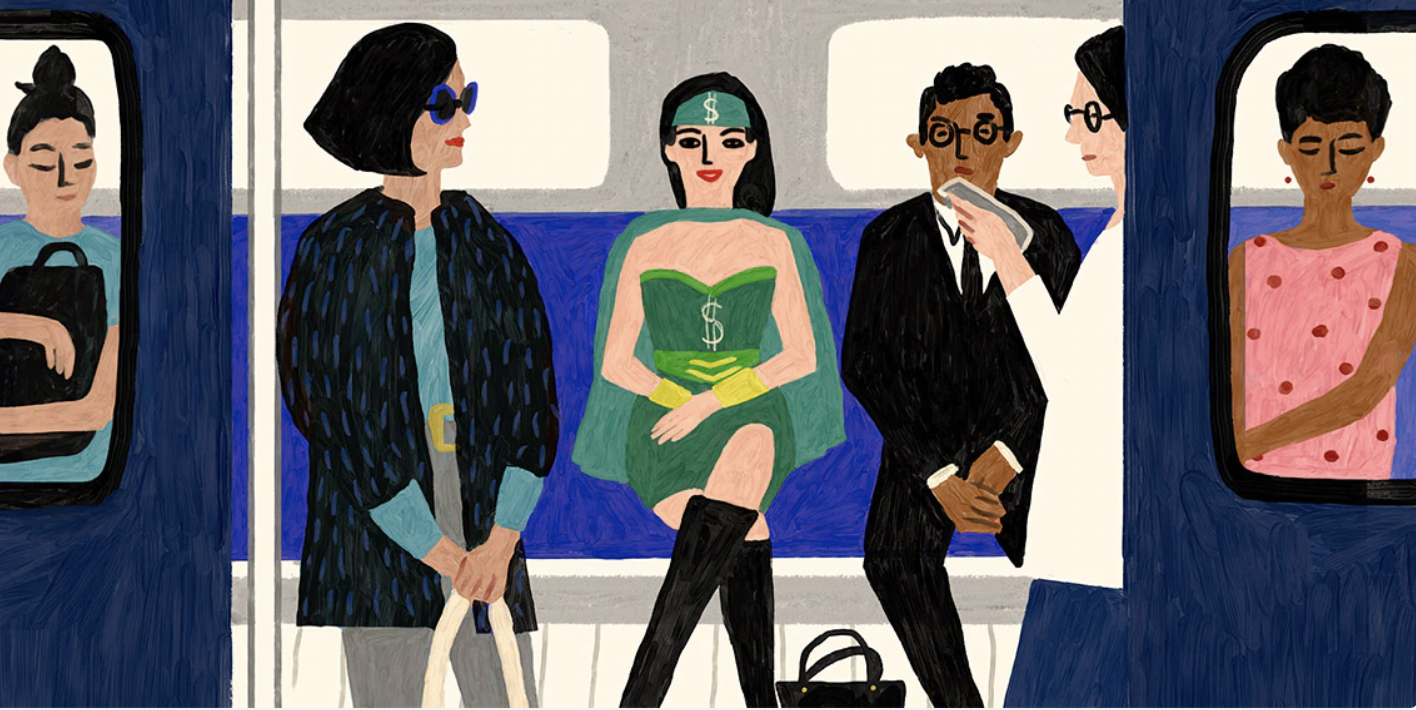 Femeie îmbrăcată în super-erou la metrou.