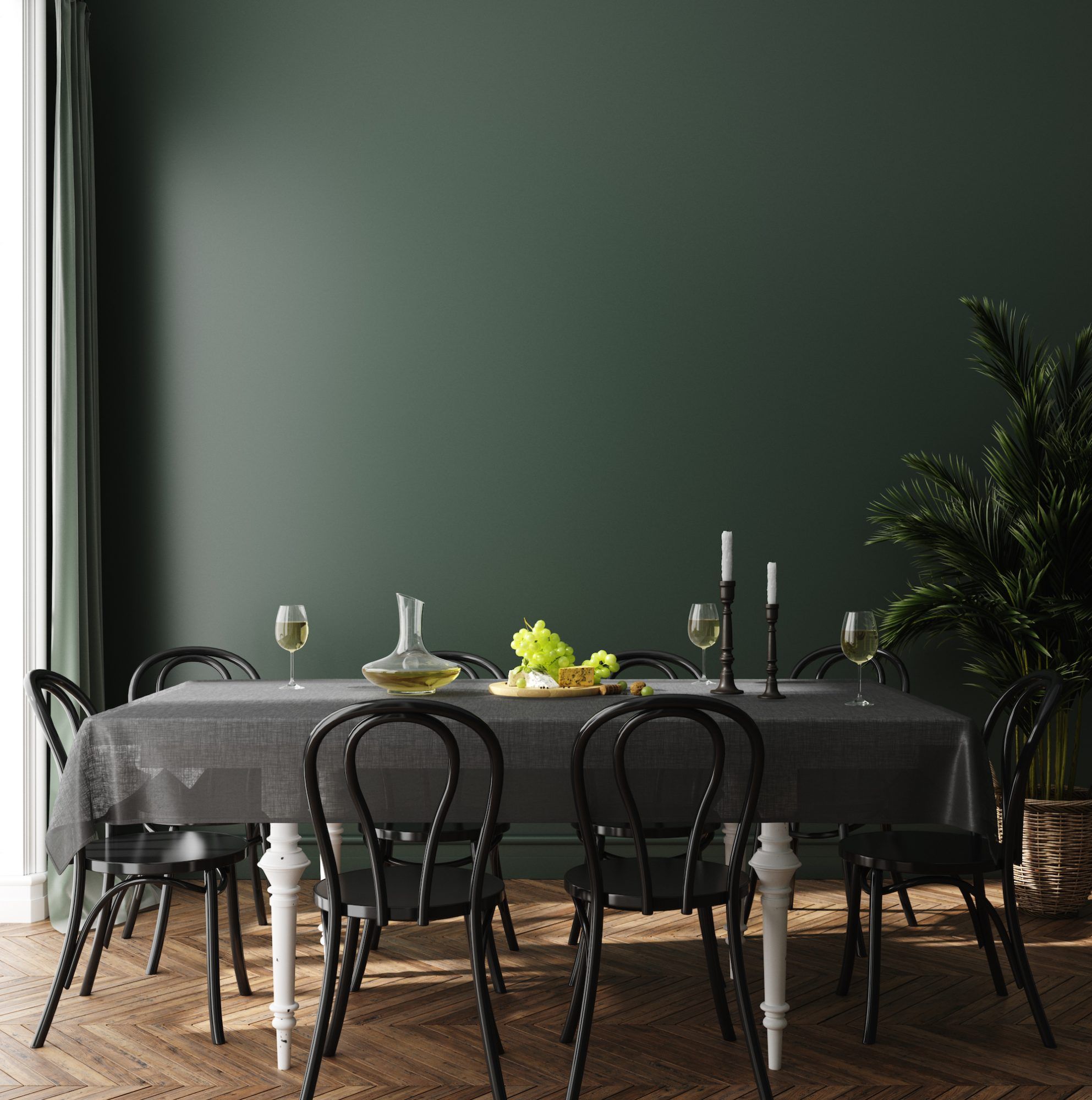 طلاء أخضر داكن في غرفة الطعام