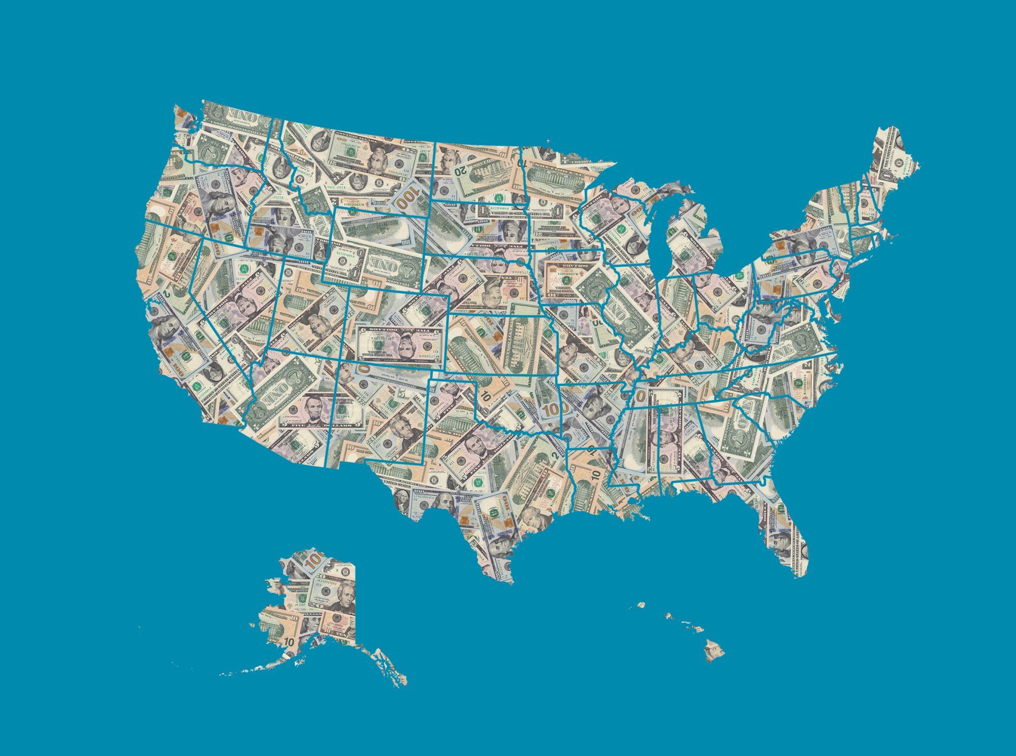 Zemljevid Združenih držav Amerike, oblikovan z bankovci v ameriških dolarjih