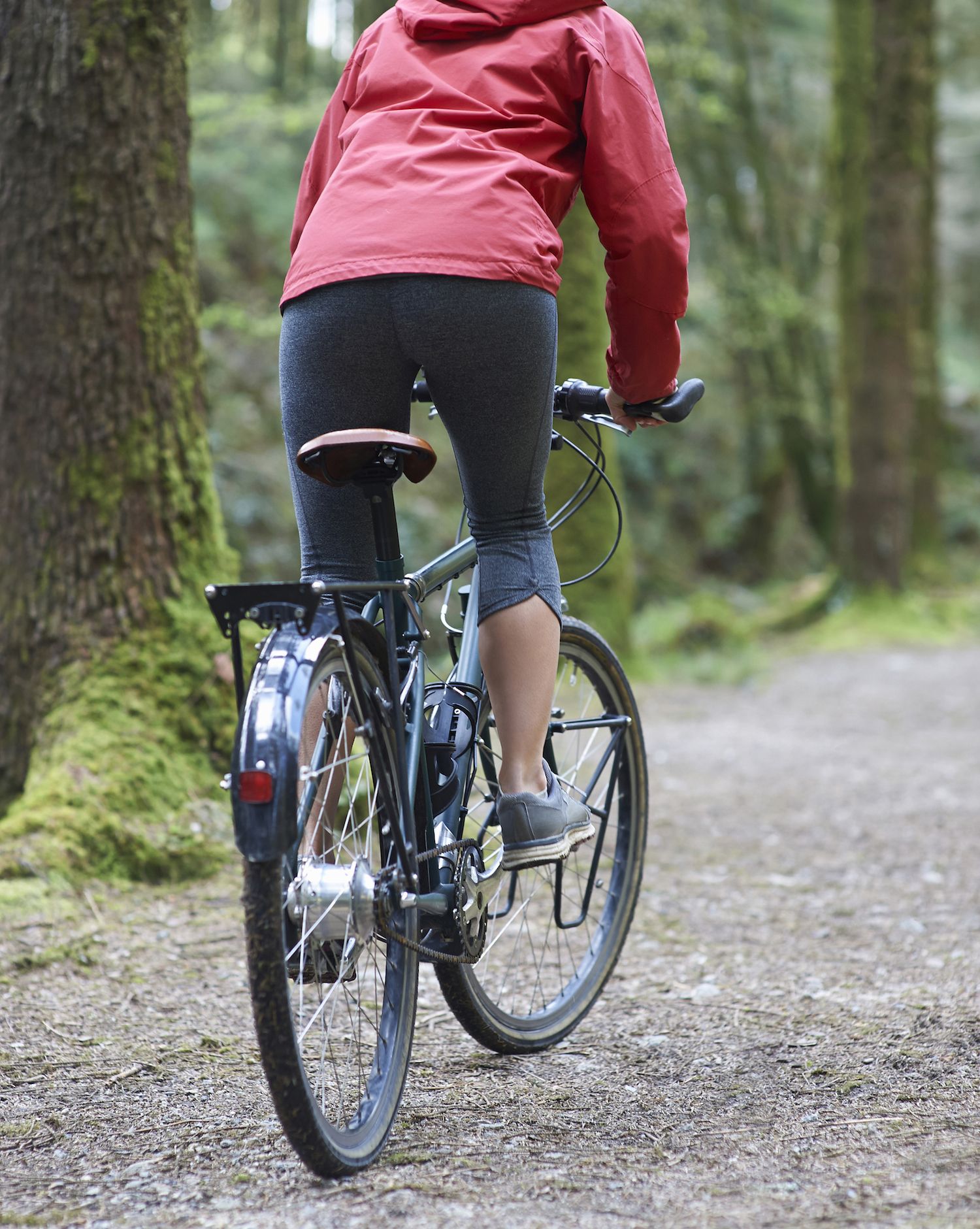 Ciclista in bicicletta lungo il sentiero nel bosco