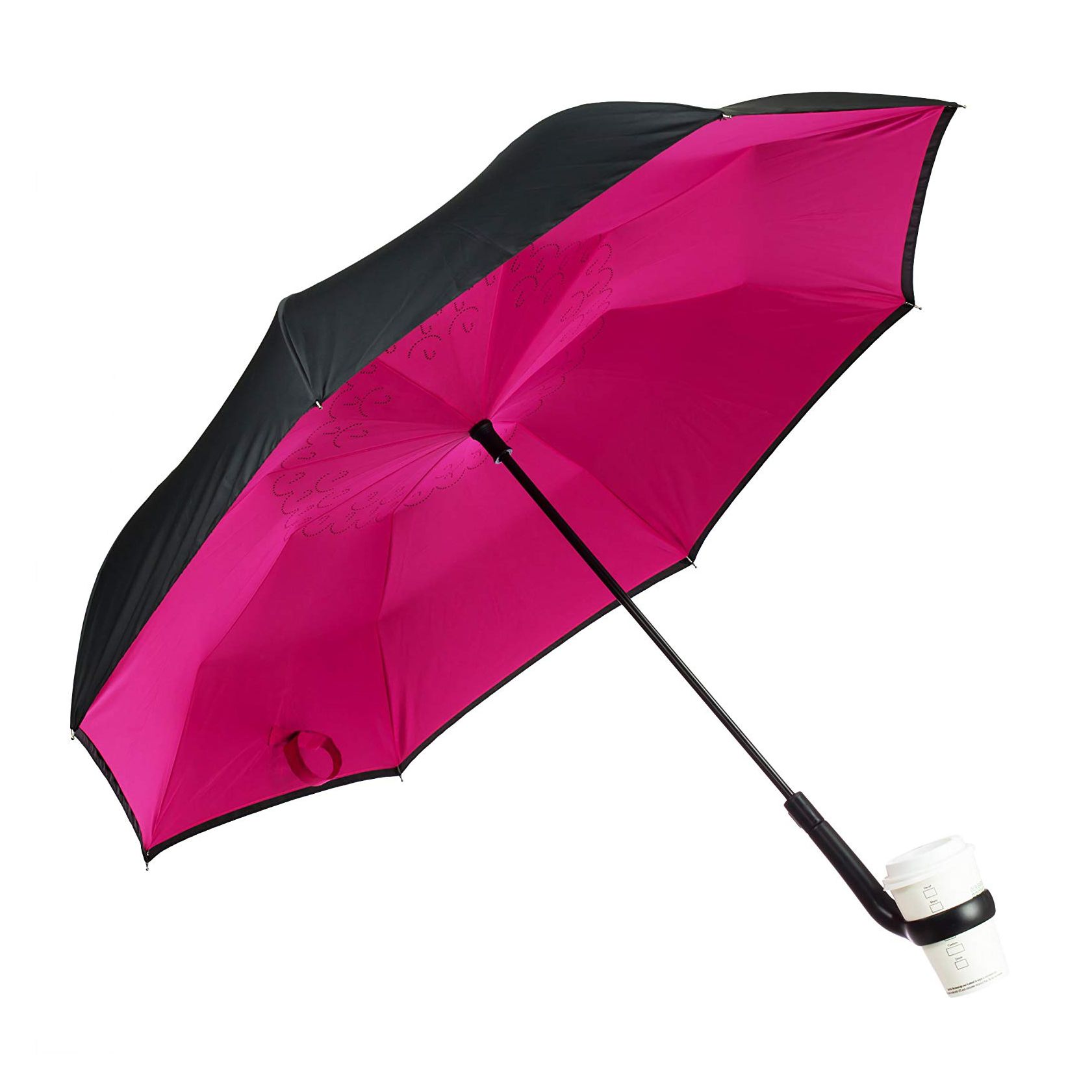 Tämä käännettävä sateenvarjo pitää kahvikupini ja tekee sateisista aamuista hieman helpompia