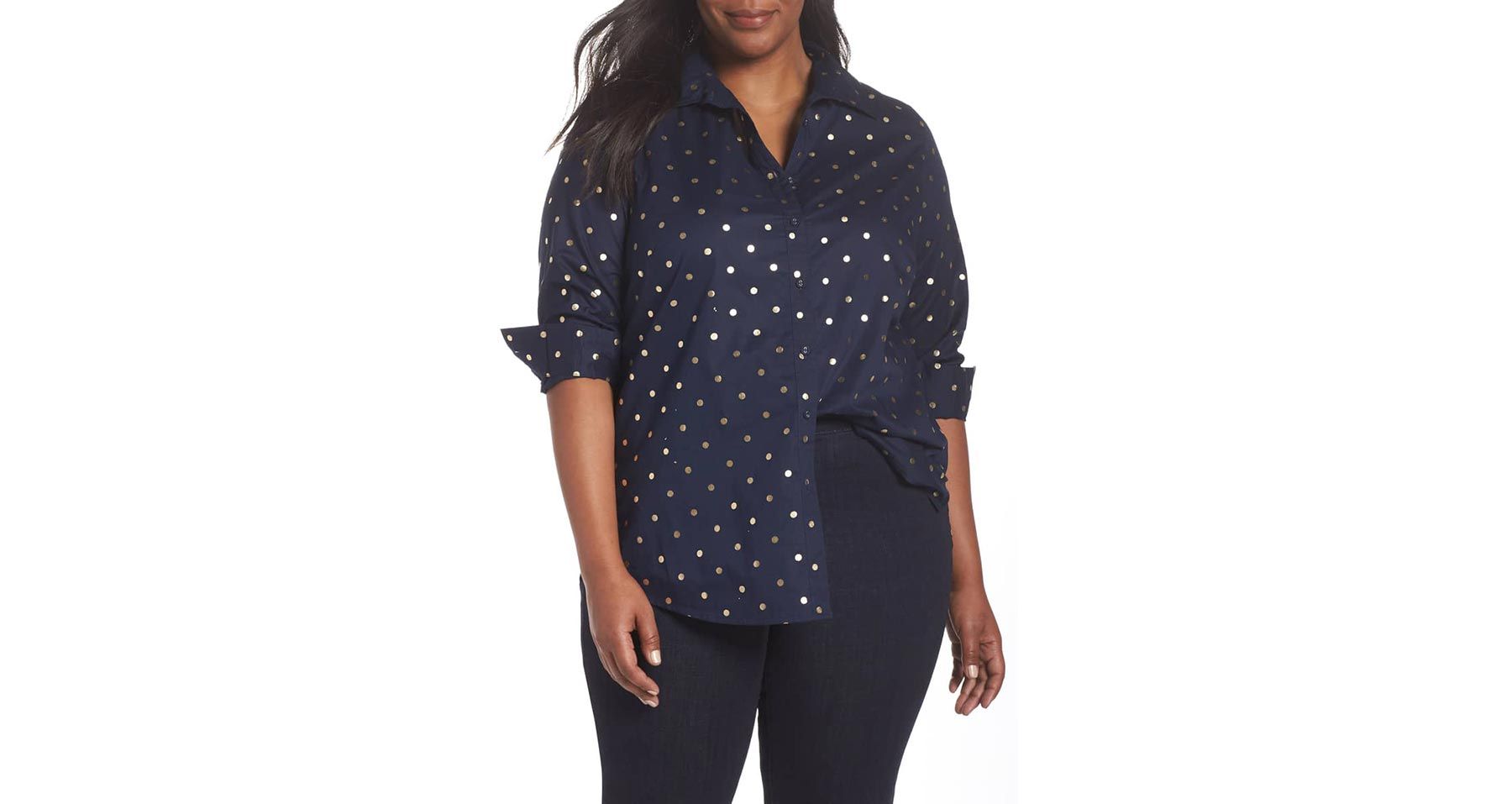 Zoey Foil Dot Button Sprednja majica (delovna oblačila velikosti)