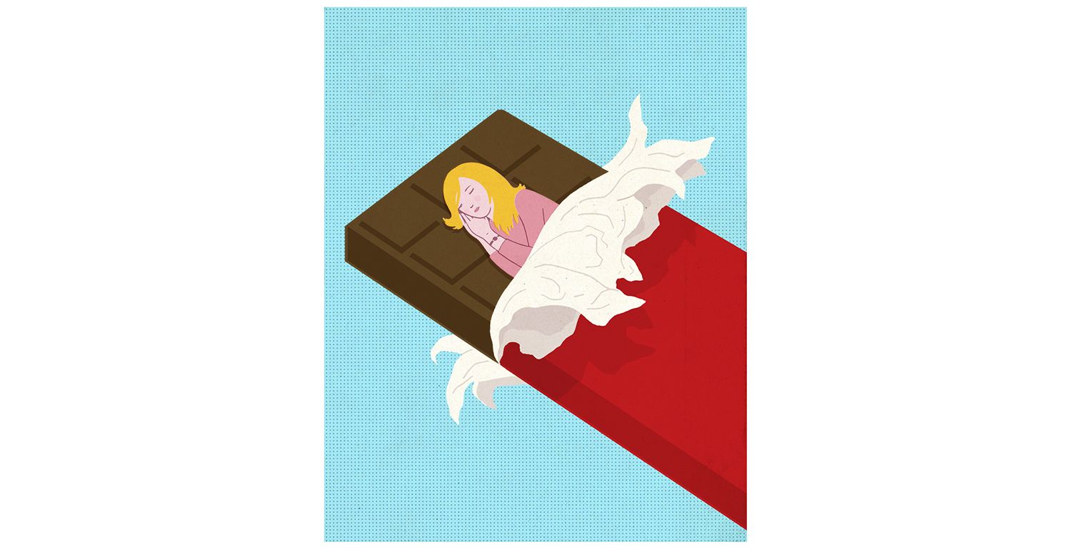 Ilustrácia: žena spí na čokoládovej tyčinke